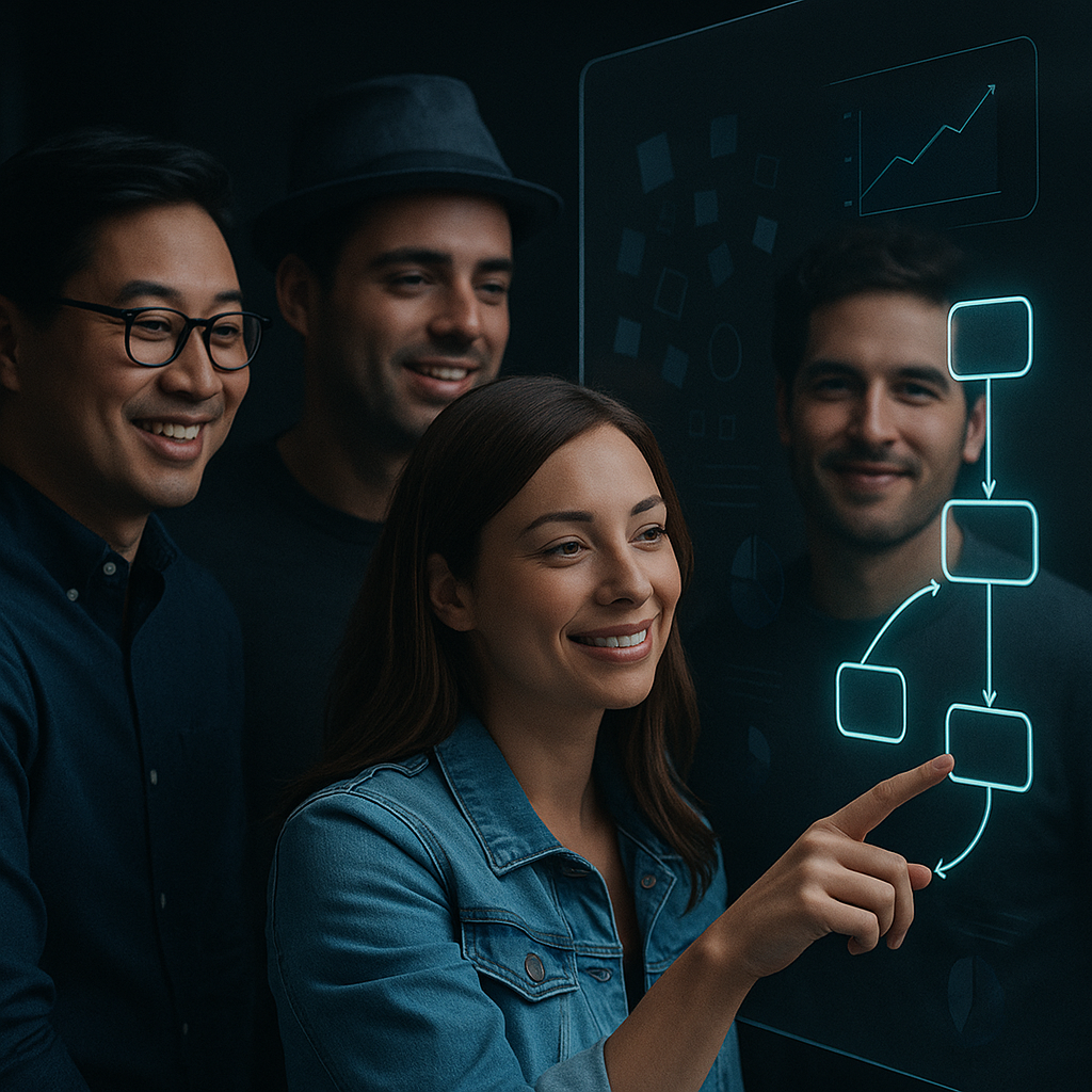 Collaborative learning and strategy team reviewing a structured process on an illuminated transparent board, conveying clarity, progress, and confident execution.